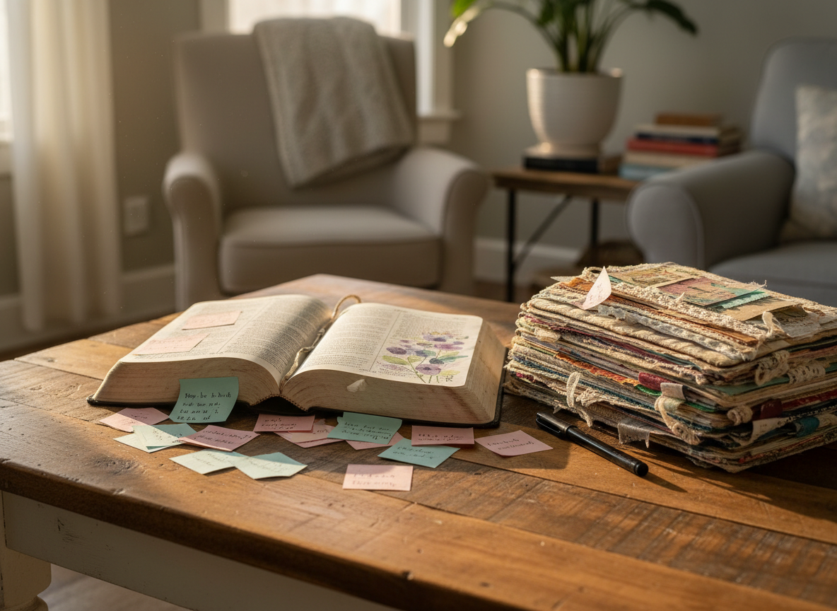 A well-loved, fabric-covered Bible lies open on a rustic wooden farmhouse table, surrounded by scattered pastel sticky notes and a thick, handmade junk journal bursting with layered pages, tags, and lace. Delicate watercolor floral doodles peek from the margins, and a fine-tip black pen rests diagonally across a page. Soft morning sunlight streams through an unseen window from the left, creating gentle highlights on the textured paper and casting calm, elongated shadows. Photographic realism with a shallow depth of field keeps the Bible and journal in sharp focus while the background, a blurred cozy living room with neutral tones, feels warm and inviting. The mood is peaceful, playful, and creative, suggesting a quiet time of prayerful Christian journaling and reflection with Jesus.