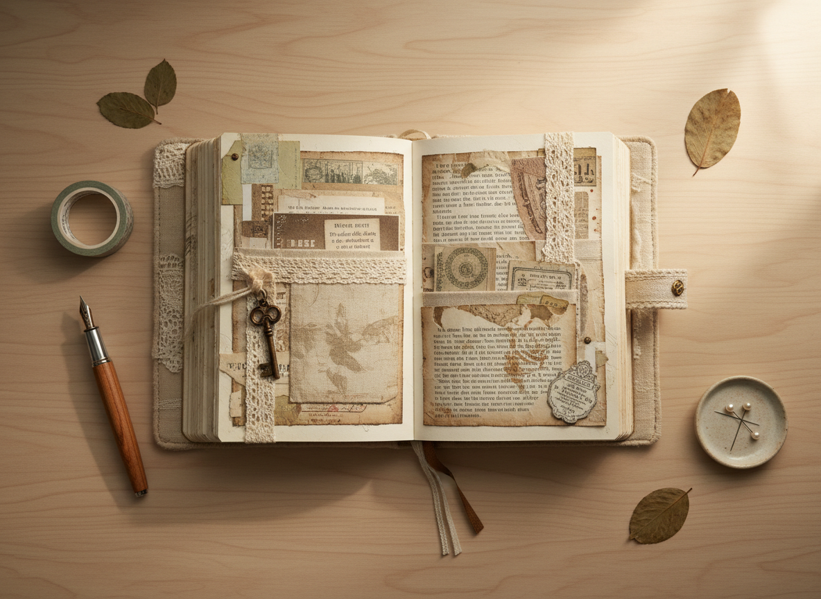 A soft, cozy flat-lay of a junk journal on a tidy desk with just a few supplies like washi tape and one pen, minimal clutter, neutral warm tones, gentle natural light